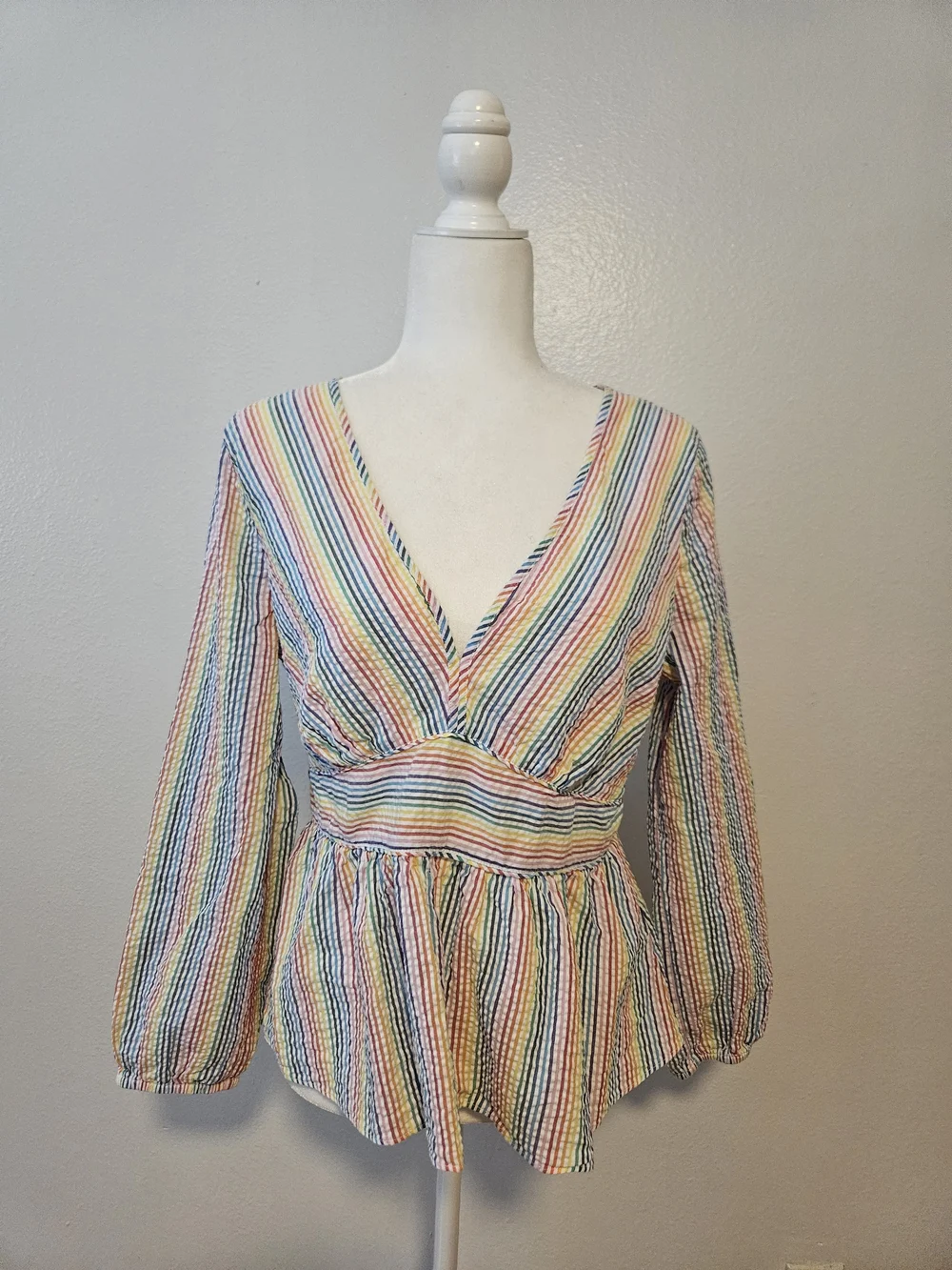 J. Crew V-neck peplum top in rainbow seersucker, size 12